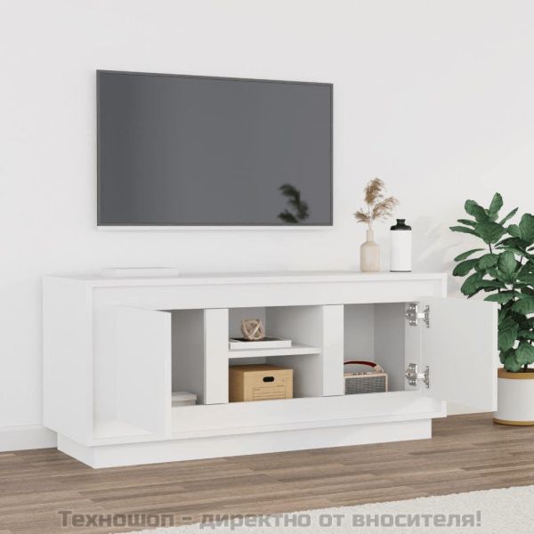 ТВ шкаф, бял, 102x35x45 см, инженерно дърво