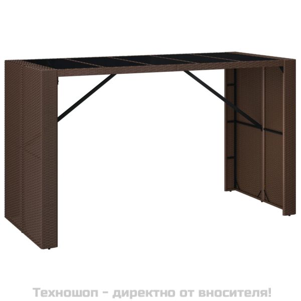 Бар маса със стъклен плот, кафява, 185x80x110 см, полиратан