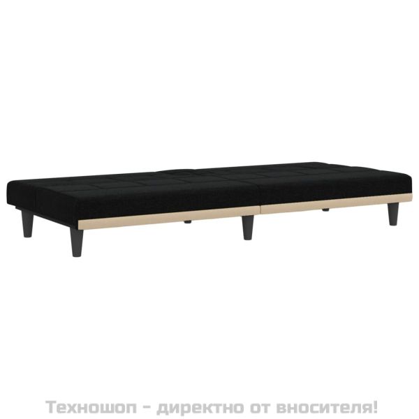 Разтегателен диван с поставки за чаши, черен, плат