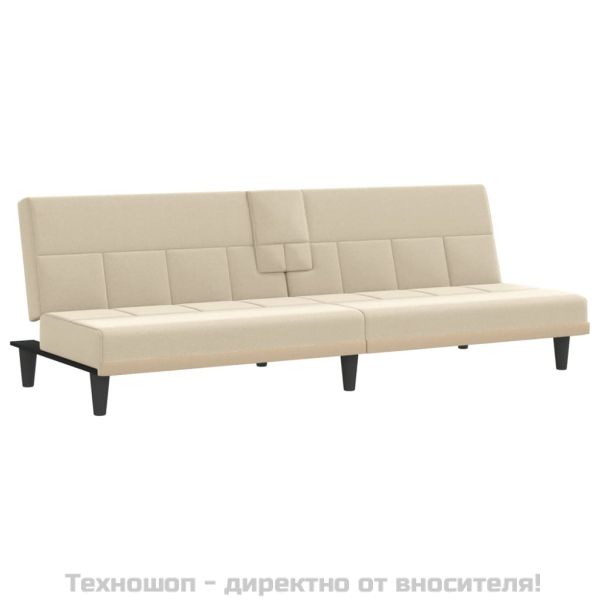 Разтегателен диван с поставки за чаши, кремав, плат