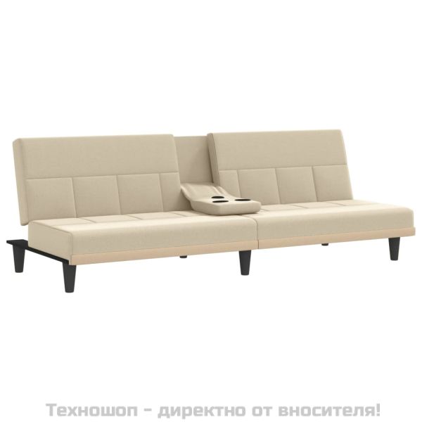 Разтегателен диван с поставки за чаши, кремав, плат