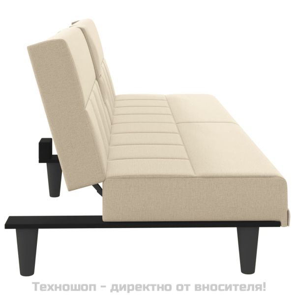 Разтегателен диван с поставки за чаши, кремав, плат