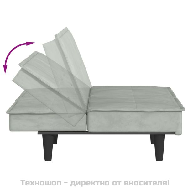 Разтегателен диван с поставки за чаши, светлосив, кадифе