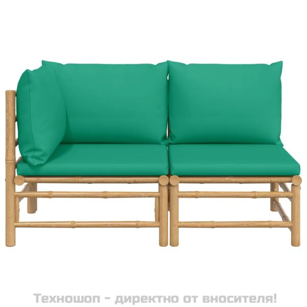 Градински лаундж комплект със зелени възглавници 2 части бамбук