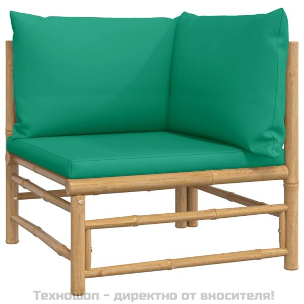 Градински лаундж комплект със зелени възглавници 2 части бамбук