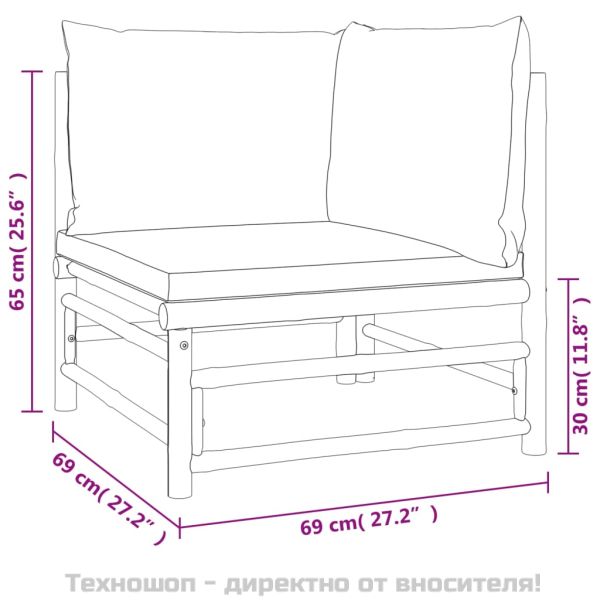 Градински лаундж комплект със зелени възглавници 2 части бамбук