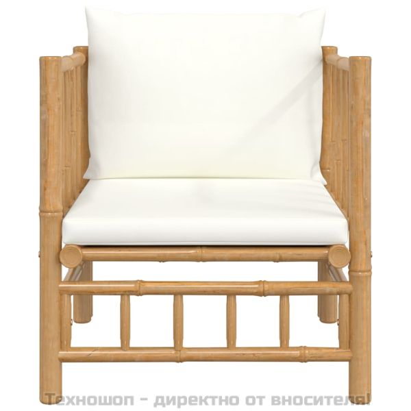 Градински диван с кремавобели възглавници бамбук