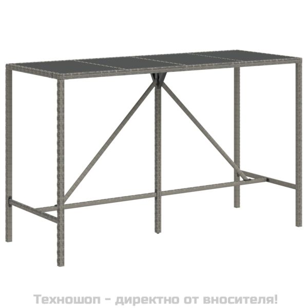 Бар маса със стъклен плот, сива, 180x70x110 см, полиратан