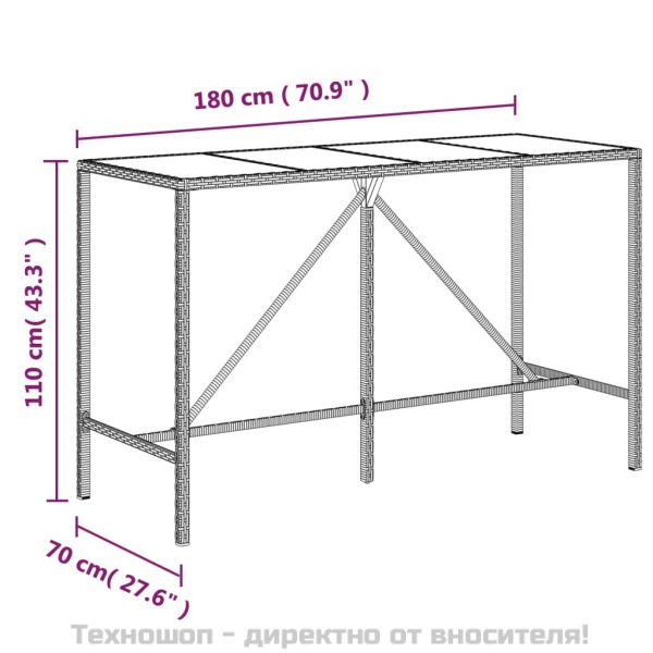Бар маса със стъклен плот, сива, 180x70x110 см, полиратан