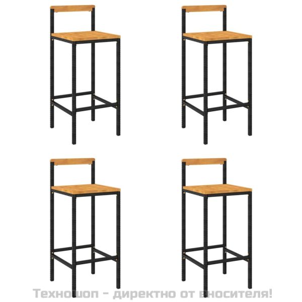 Бар табуретки, 4 бр, черни, полиратан и акациево дърво масив