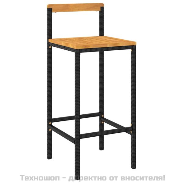 Бар табуретки, 4 бр, черни, полиратан и акациево дърво масив