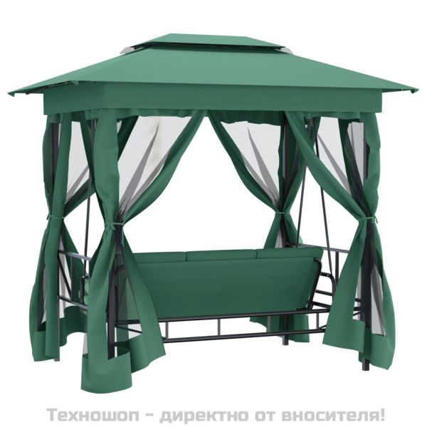 Градинска беседка с люлееща се пейка, зелен плат и стомана