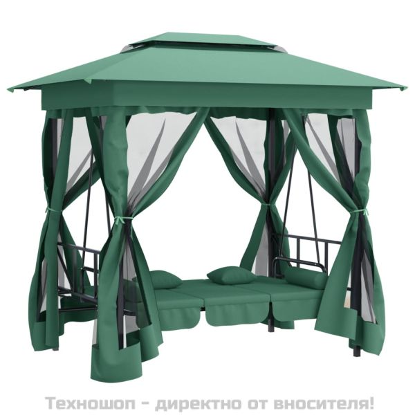Градинска беседка с люлееща се пейка, зелен плат и стомана