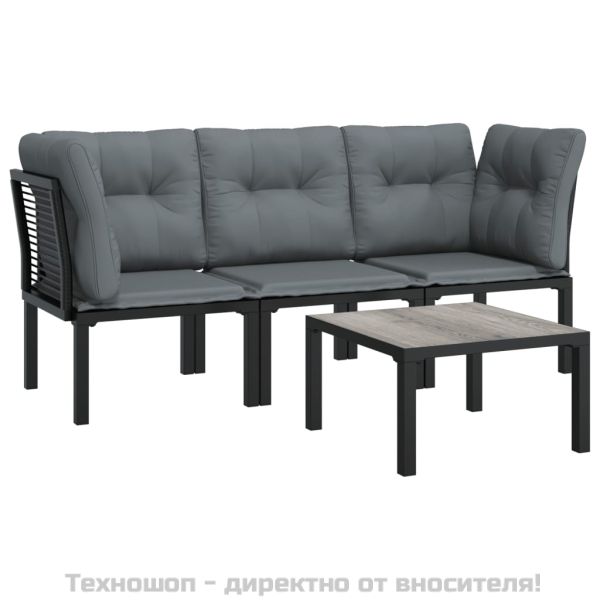 Градински лаундж комплект 4 части черно и сиво полиратан