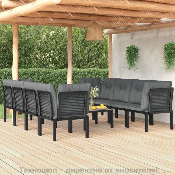 Градински лаундж комплект, 9 части, черно и сиво, полиратан