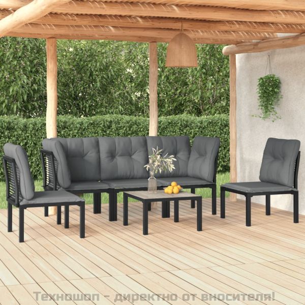 Градински лаундж комплект 6 части черно и сиво полиратан