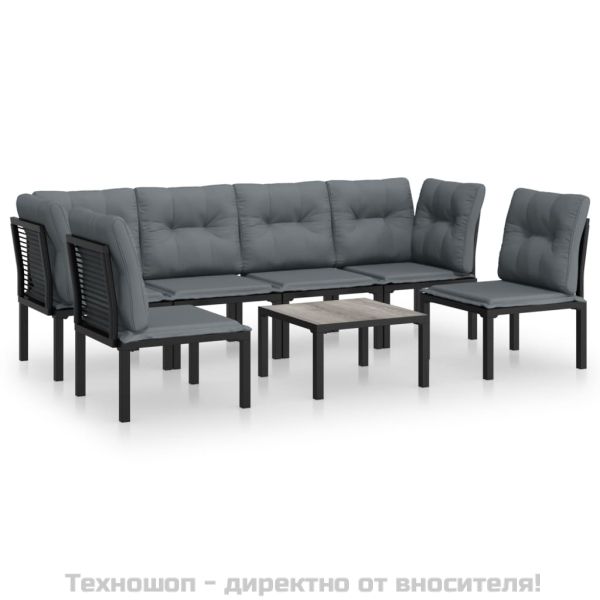 Градински лаундж комплект от 7 части, черно и сиво, полиратан