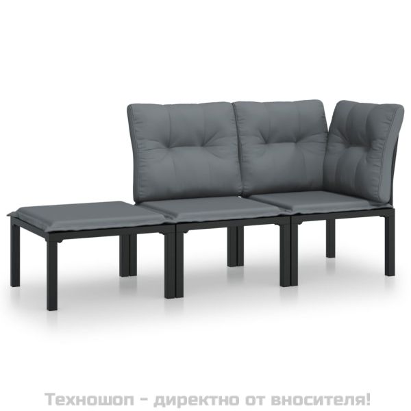 Градински лаундж комплект 3 части черно и сиво полиратан