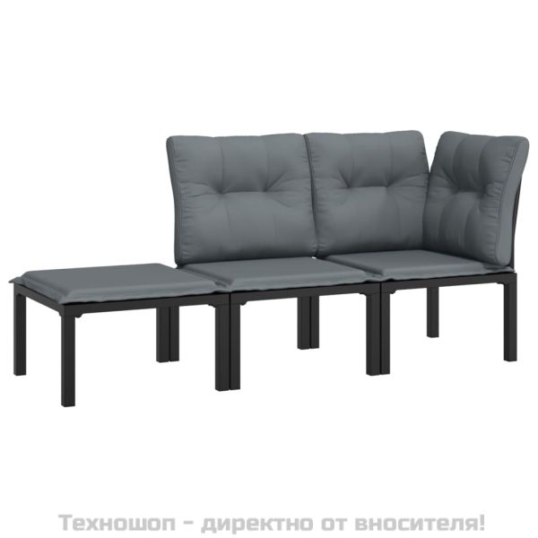 Градински лаундж комплект 3 части черно и сиво полиратан