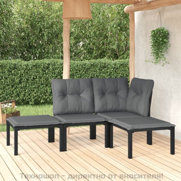 Градински лаундж комплект 4 части черно и сиво полиратан