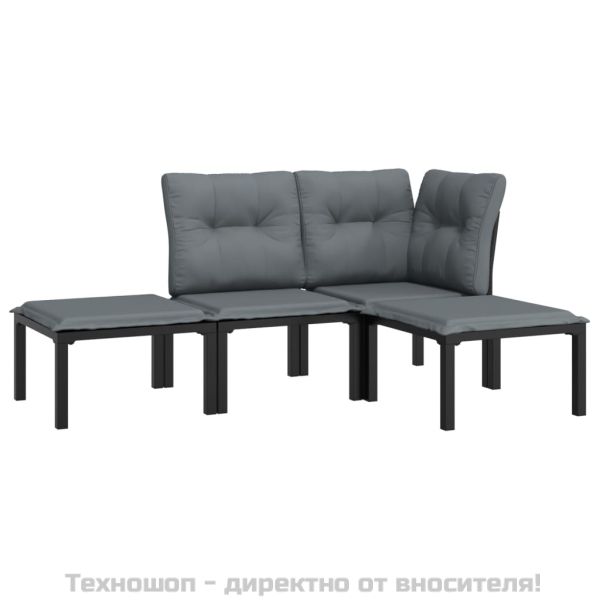 Градински лаундж комплект 4 части черно и сиво полиратан