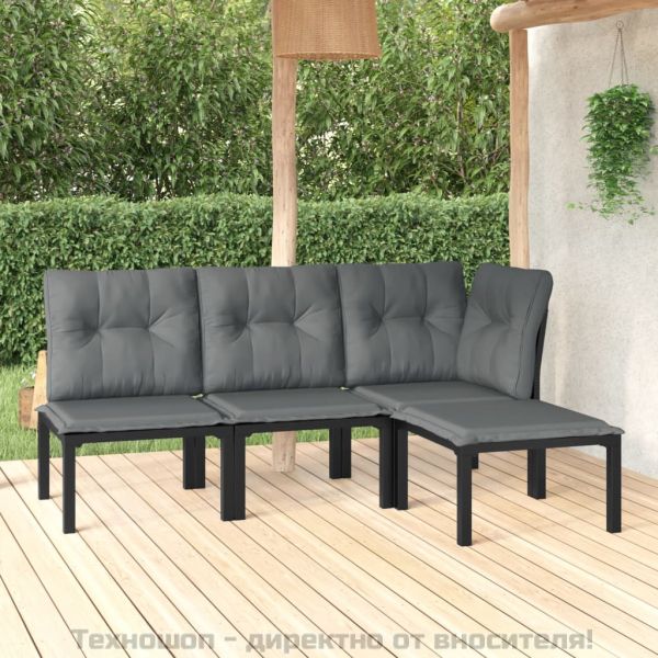 Градински лаундж комплект 4 части черно и сиво полиратан