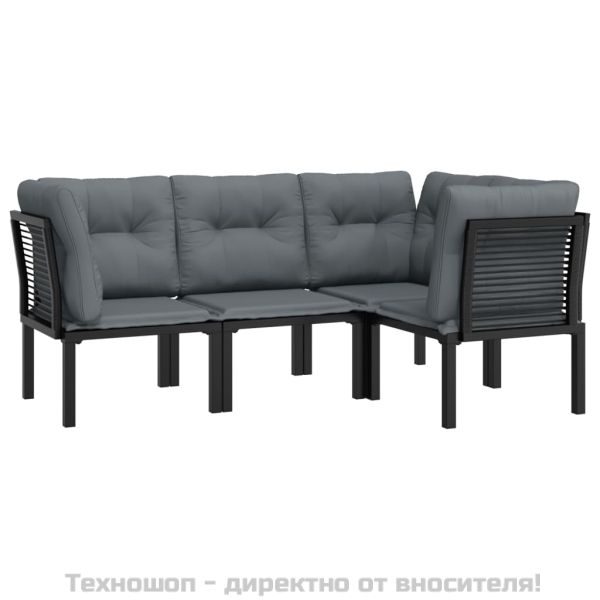 Градински лаундж комплект 4 части черно и сиво полиратан