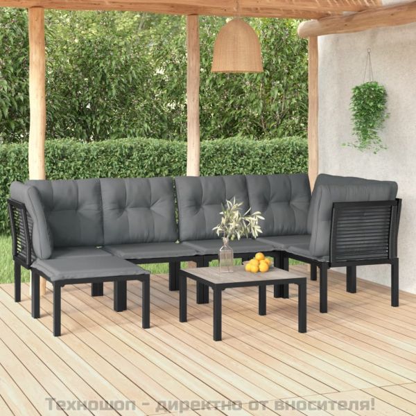 Градински лаундж комплект от 7 части, черно и сиво, полиратан