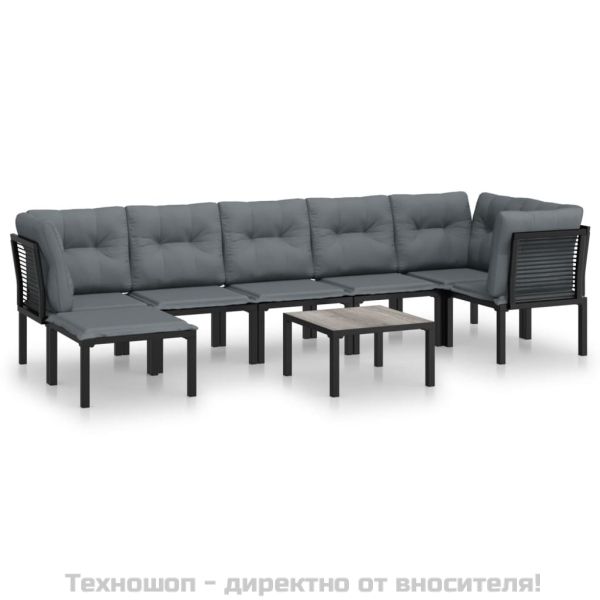 Градински лаундж комплект, 8 части, черно и сиво, полиратан