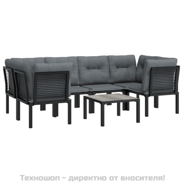 Градински лаундж комплект от 7 части, черно и сиво, полиратан