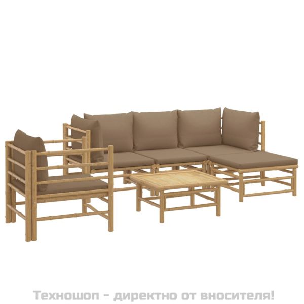 Градински лаундж комплект, 6 части, възглавници таупе, бамбук
