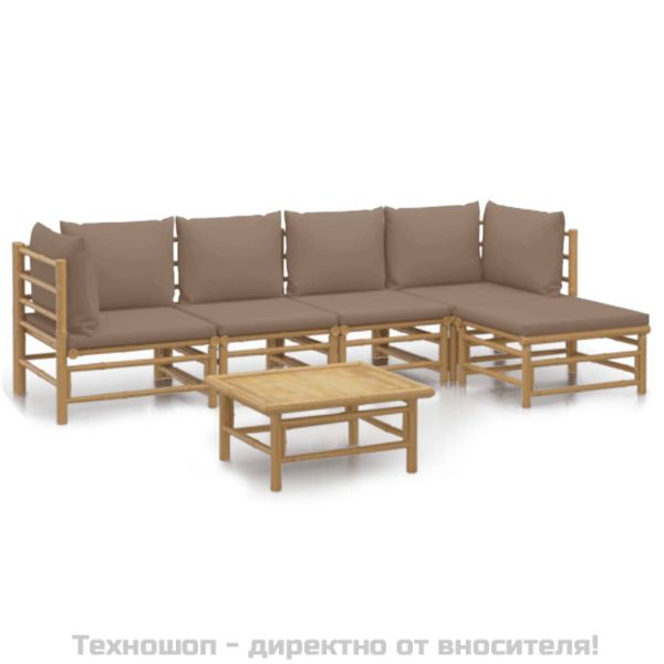 Градински лаундж комплект, 6 части, възглавници таупе, бамбук