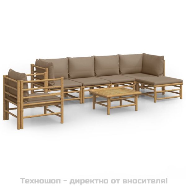 Градински лаундж комплект, 7 части, възглавници таупе, бамбук