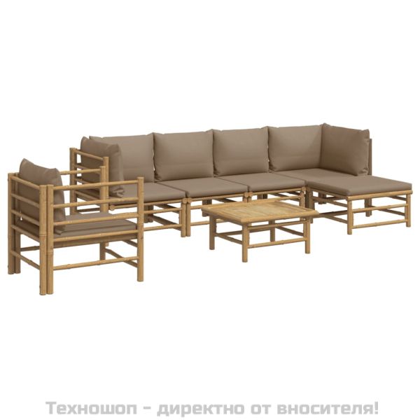 Градински лаундж комплект, 7 части, възглавници таупе, бамбук
