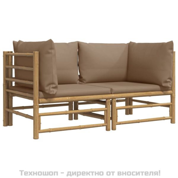 Градински ъглови дивани, 2 бр, с възглавници таупе, бамбук