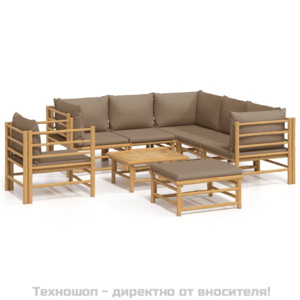 Градински лаундж комплект, 8 части, възглавници таупе, бамбук