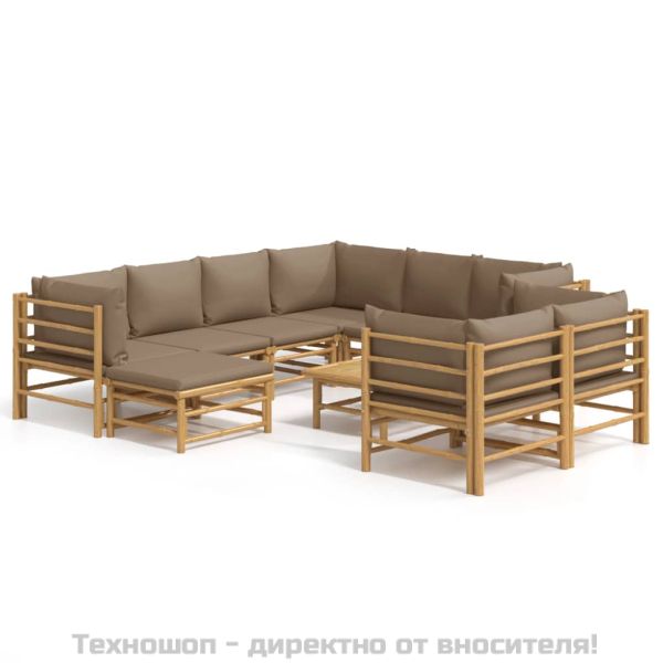 Градински лаундж комплект, 10 части, възглавници таупе, бамбук