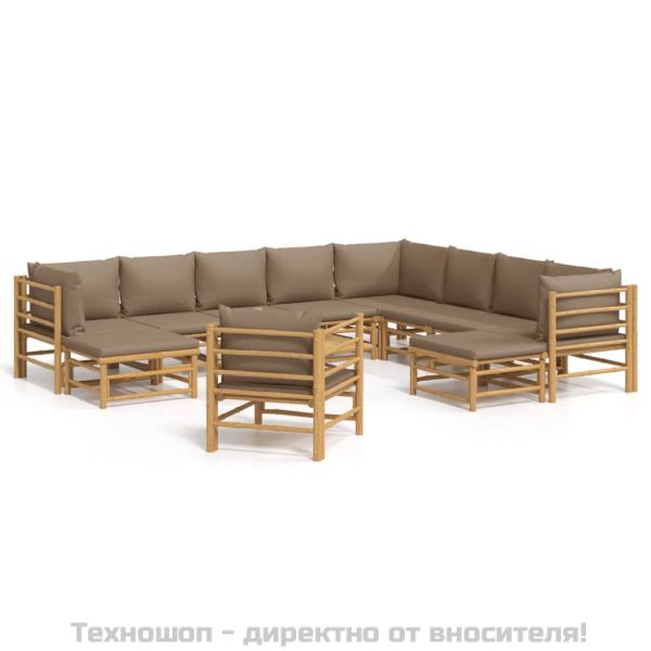 Градински лаундж комплект, 12 части, възглавници таупе, бамбук