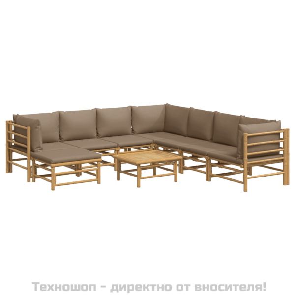 Градински лаундж комплект, 9 части, възглавници таупе, бамбук