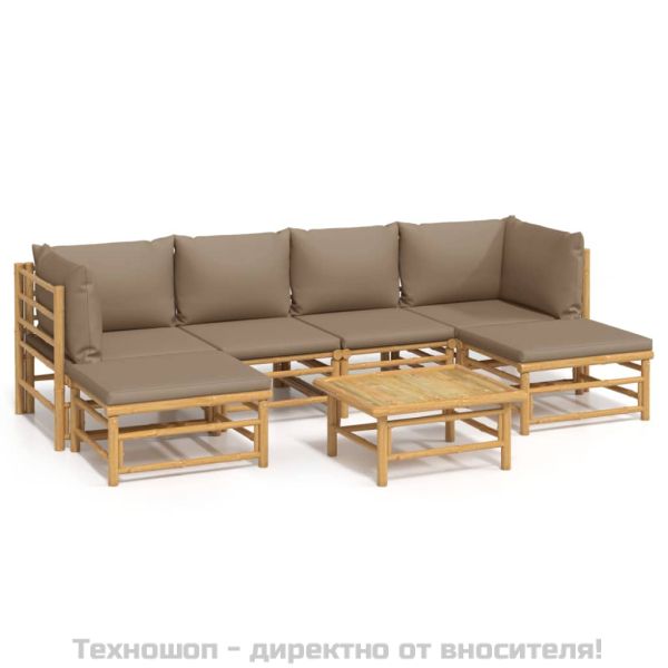 Градински лаундж комплект, 7 части, възглавници таупе, бамбук