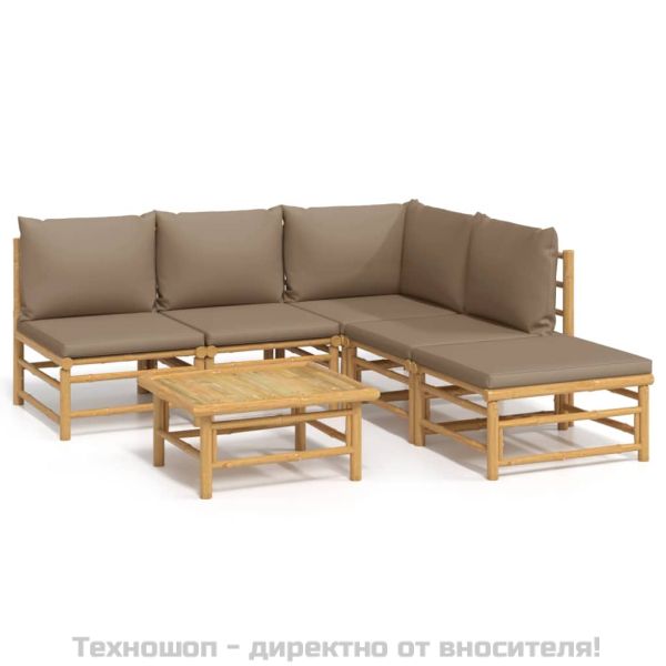 Градински лаундж комплект, 6 части, възглавници таупе, бамбук