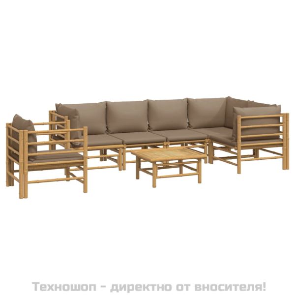 Градински лаундж комплект, 7 части, възглавници таупе, бамбук