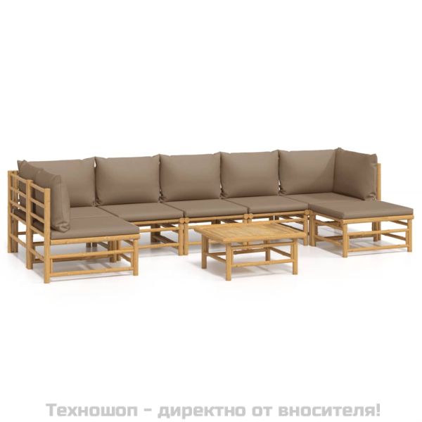 Градински лаундж комплект, 8 части, възглавници таупе, бамбук