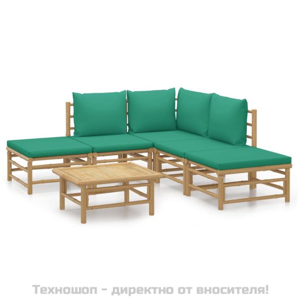 Градински лаундж комплект, 6 части, зелени възглавници, бамбук