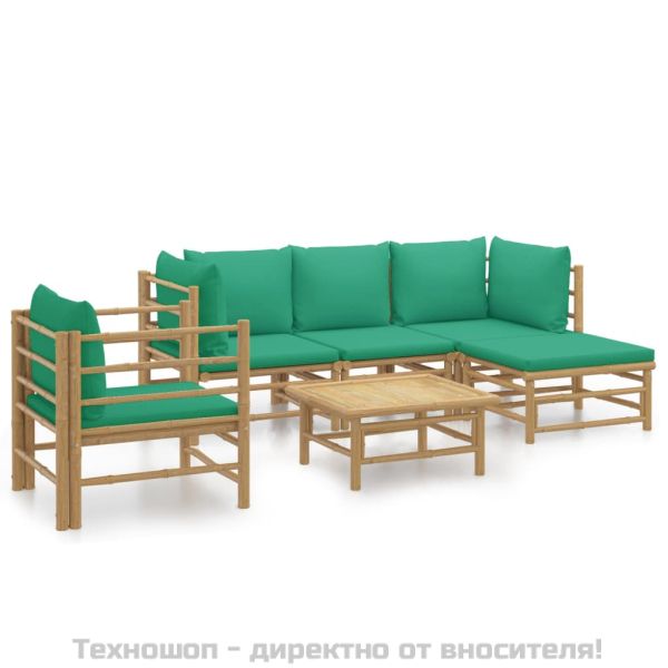 Градински лаундж комплект, 6 части, зелени възглавници, бамбук