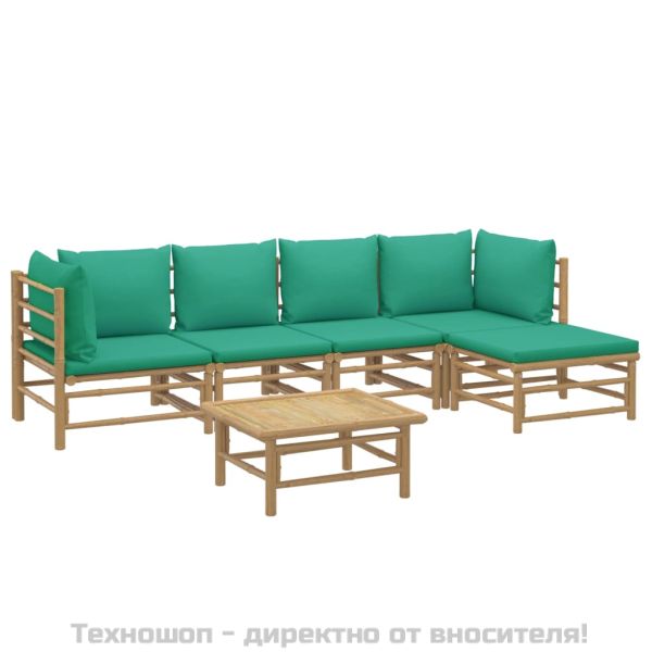 Градински лаундж комплект, 6 части, зелени възглавници, бамбук