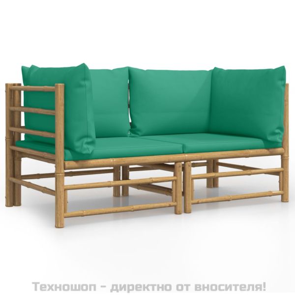 Градински ъглови дивани, 2 бр, зелени възглавници, бамбук