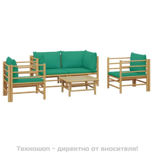 Градински лаундж комплект, 5 части, зелени възглавници, бамбук