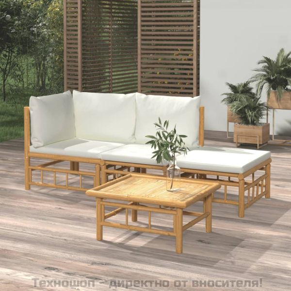 Градински лаундж комплект, 4 части, кремави възглавници, бамбук