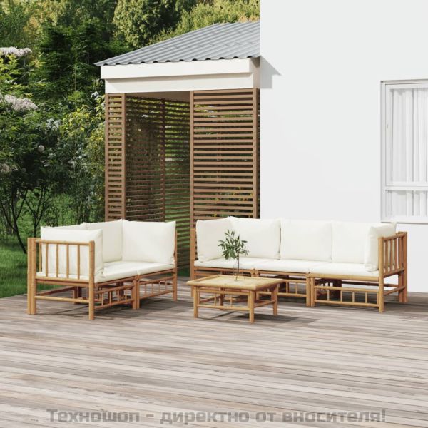 Градински лаундж комплект с кремави възглавници 6 части бамбук